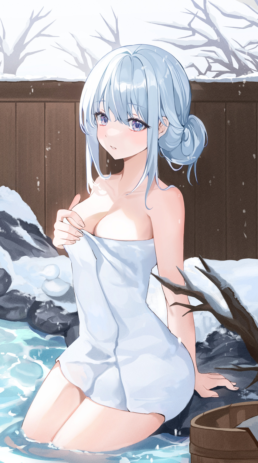 1girl absurdres arm_support bangs bare_arms bare_shoulders bare_tree blue_eyes branch breasts bucket choc cleavage commentary day fence grey_hair hair_bun hand_on_own_chest hand_up highres long_hair looking_at_viewer medium_breasts naked_towel onsen original outdoors rock sidelocks single_hair_bun sitting snow snowing soaking_feet solo symbol-only_commentary thighs towel tree water white_towel winter wooden_bucket wooden_fence