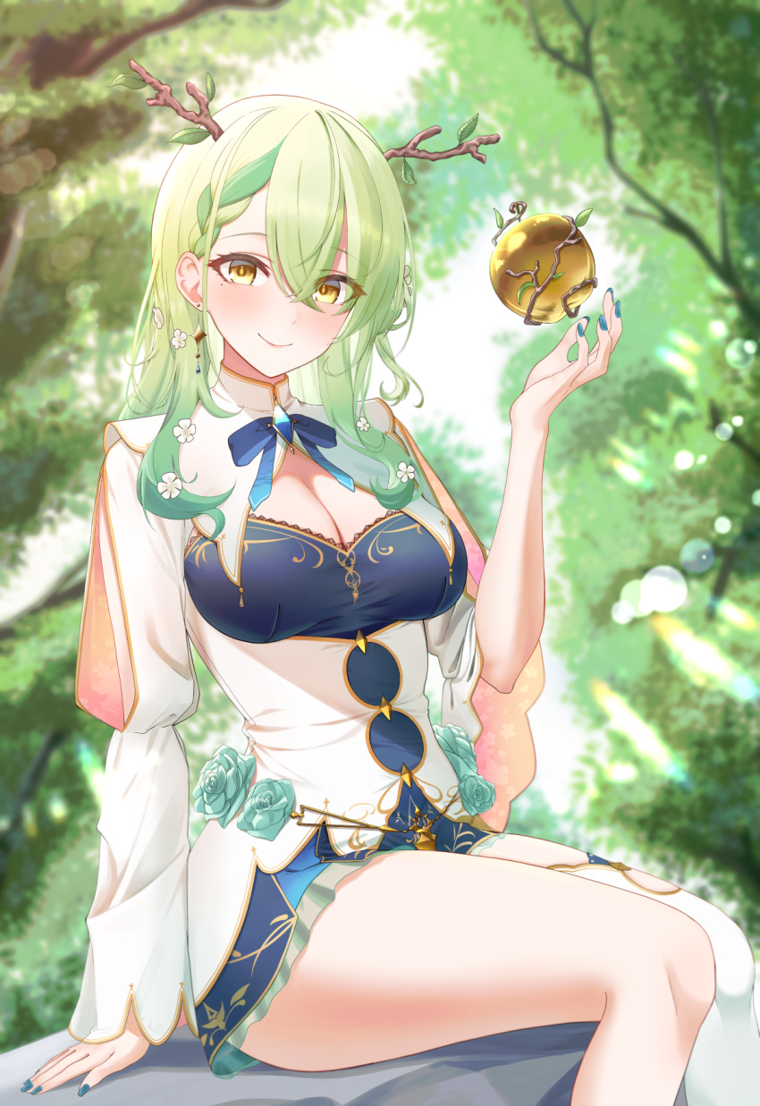 1girl antlers apple blush braid breasts ceres_fauna cleavage dress earrings flower food french_braid fruit golden_apple green_nails grey_hair hair_flower hair_ornament highres hololive hololive_english jewelry large_breasts leaf long_hair looking_at_viewer mintz912 mole mole_under_eye nail_polish single_thighhigh sitting smile solo thighhighs tree virtual_youtuber yellow_eyes