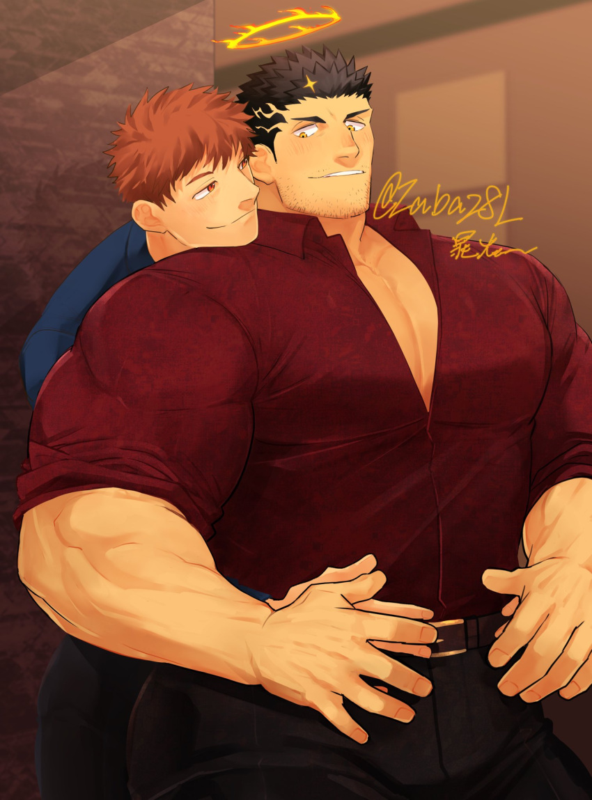 2boys alternate_costume asahi_(zabaniyan) bara black_hair blush collared_shirt eye_contact facial_hair feet_out_of_frame flaming_halo halo hand_on_hand head_on_another's_shoulder highres hug hug_from_behind large_pectorals looking_at_another male_focus master_4_(housamo) mature_male multiple_boys muscular muscular_male partially_unbuttoned pectoral_cleavage pectorals revision shirt short_hair sideburns smile spiked_hair stubble thick_thighs thighs tokyo_afterschool_summoners yaoi yellow_eyes zabaniyya_(housamo)