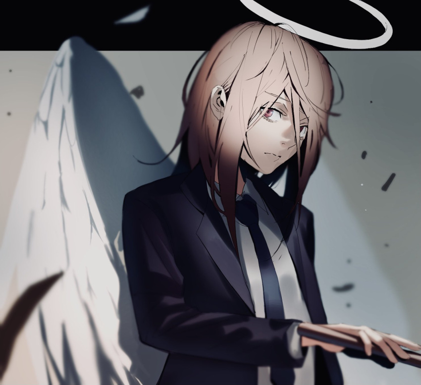 1boy angel_devil_(chainsaw_man) bangs black_jacket black_necktie brown_hair chainsaw_man feathered_wings feathers formal hair_between_eyes halo highres holding holding_weapon jacket looking_at_viewer medium_hair necktie red_eyes riki_(riki_unc) solo suit weapon white_wings wings