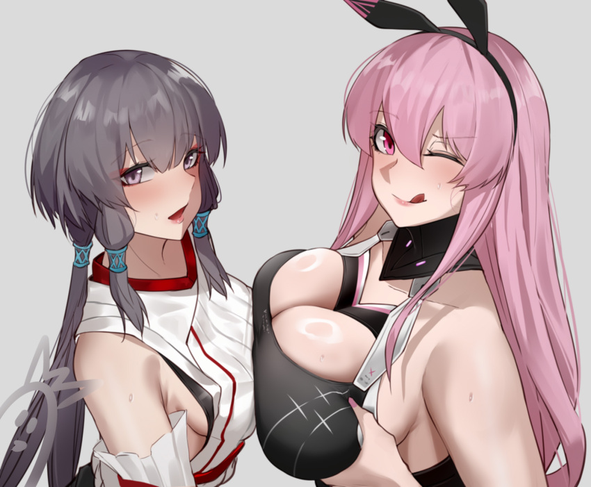 2girls animal_ears asymmetrical_docking ayla_(punishing:_gray_raven) black_bra black_hairband blush bra breast_press breasts chinese_commentary cleavage cleavage_cutout closed_mouth clothing_cutout detached_sleeves eyeshadow fake_animal_ears from_side grabbing_own_breast grey_background grey_hair hair_between_eyes hair_tubes hairband highres large_breasts licking_lips lips long_hair looking_at_viewer makeup medium_breasts multiple_girls one_eye_closed open_mouth pink_eyes pink_hair punishing:_gray_raven purple_eyes rabbit_ears red_eyeshadow selena_(punishing:_gray_raven) sideboob sidelocks simple_background smile sports_bra straight_hair sweatdrop tiankong_pie_ai tongue tongue_out twintails underwear upper_body