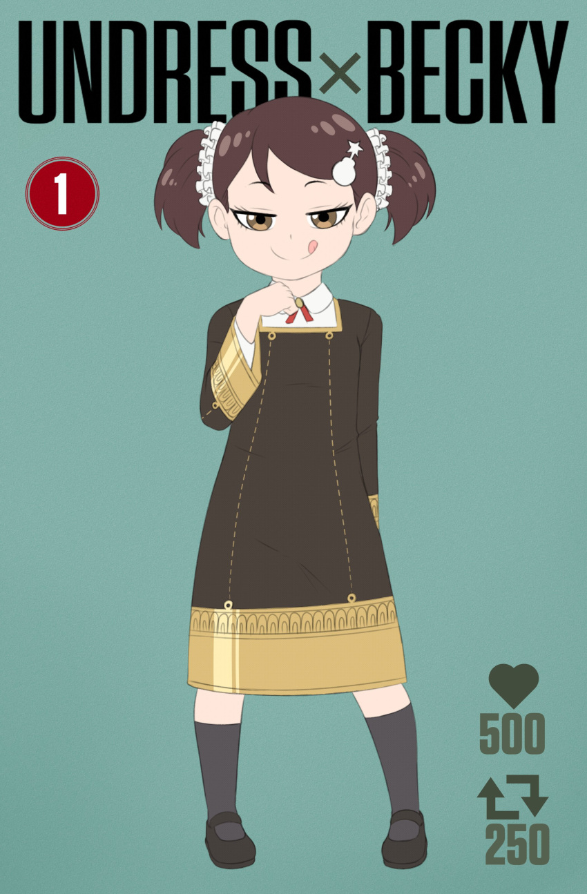 1girl :q absurdres arm_behind_back becky_blackbell black_dress black_footwear black_hair bomb_hair_ornament brown_eyes clenched_hand commentary dress eden_academy_uniform female_child flat_color full_body gold_trim green_background grey_socks hair_ornament hair_scrunchie half-closed_eyes hand_up highres like_and_retweet looking_at_viewer mary_janes naughty_face scrunchie shoes simple_background socks solo spy_x_family standing straight-on symbol-only_commentary tongue tongue_out twintails white_scrunchie xerican