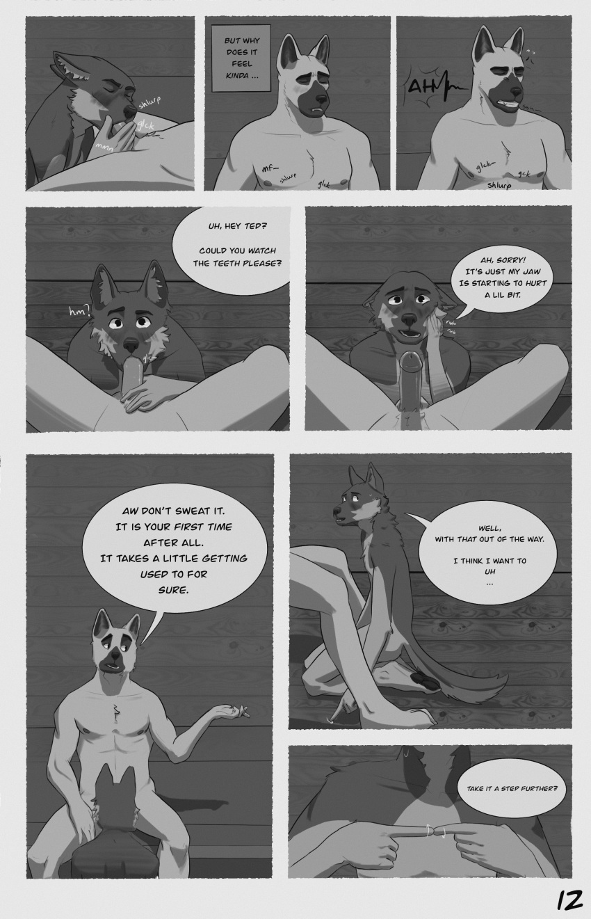 4k 9:16 absurd_res age_difference anthro balls bed birthday bite biting_lip black_nose blush bodily_fluids body_hair butt cabin canid canine canis cel_shading cheek_tuft chest_tuft clenched_teeth comic conkycorp cramp dialogue digital_media_(artwork) domestic_dog duo eager ears_back ears_down embarrassed embarrassed_nude_male english_text erection facial_tuft father father_and_child father_and_son fellatio fingers first_person_view first_time_sex fur furniture genital_fluids genitals german_shepherd glans greyscale happy_trail herding_dog hi_res humanoid_genitalia humanoid_penis incest_(lore) inner_ear_fluff inside kneeling looking_at_viewer male male/male male_penetrating mammal markings mitchell_(conkycorp) monochrome musclegut muscular muscular_anthro muscular_male nipples nude older_male on_bed open_mouth oral parent parent_and_child pastoral_dog pawpads pecs penetration penile penis pivoted_ears precum pubes puppy_eyes sex shaded shirtless simple_background son sound_effects speech_bubble story teddy_(conkycorp) teeth text tongue top_(disambiguation) tuft unsure virgin virginity winces worried younger_male