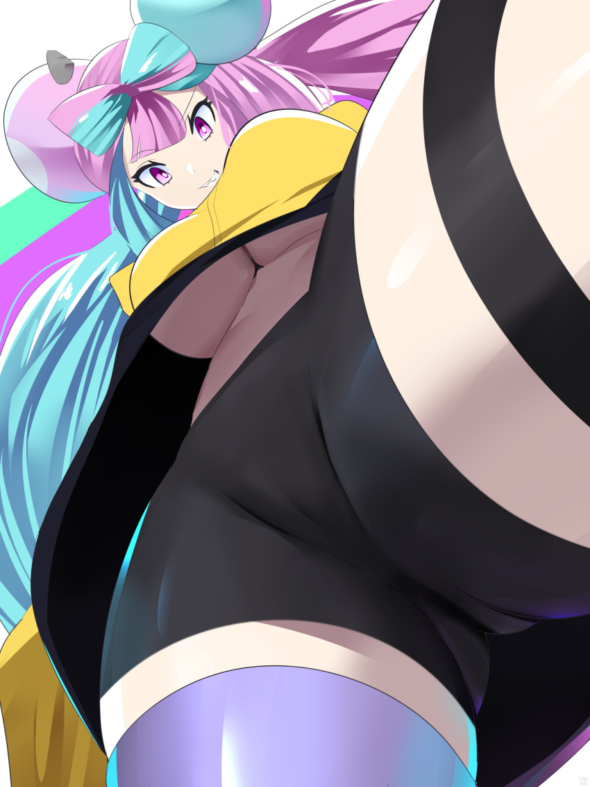 1girl bow-shaped_hair breasts character_hair_ornament crotch from_below hair_ornament highres iono_(pokemon) jacket multicolored_hair pokemon pokemon_(game) pokemon_sv sana!rpg sharp_teeth sleeves_past_wrists solo split-color_hair teeth underboob very_long_sleeves yellow_jacket