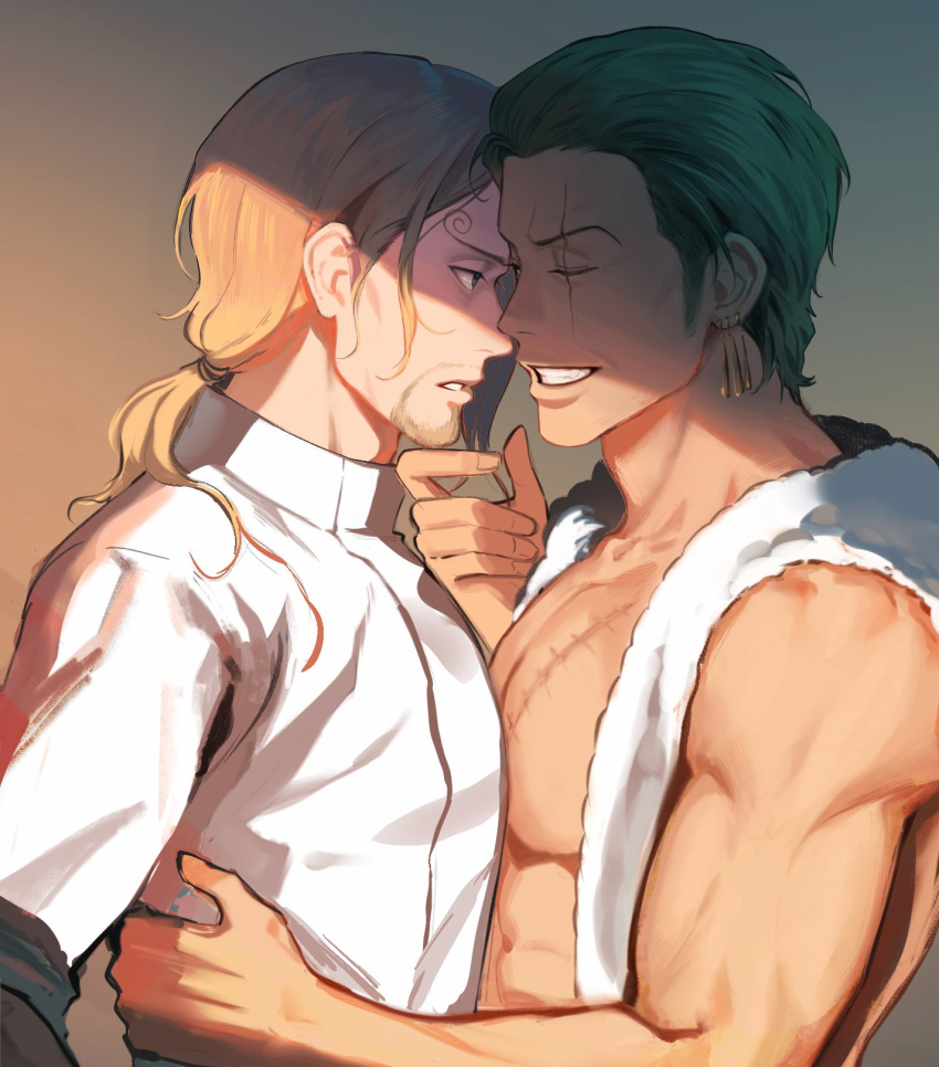 2boys aged_up alternate_hairstyle bare_shoulders blonde_hair collared_shirt curly_eyebrows facial_hair goatee green_hair grin hair_over_one_eye hair_slicked_back hand_on_another's_chin highres imminent_kiss kotomine_(a1569) long_hair long_sideburns male_focus multiple_boys one_piece open_clothes open_shirt pectoral_press ponytail roronoa_zoro sanji_(one_piece) scar scar_across_eye shirt short_hair sideburns sleeveless smile stitches toned toned_male upper_body yaoi