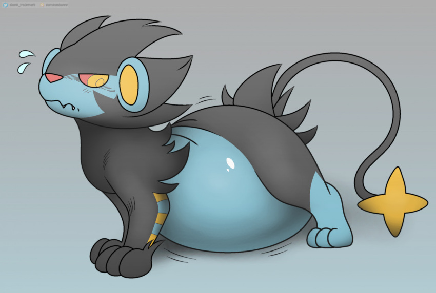 ambiguous_gender belly big_belly black_body blue_body embarrassed fangs feral foxball fur generation_4_pokemon hanging_belly looking_back luxray multicolored_body nintendo nude pokemon pokemon_(species) raised_tail simple_background solo standing teeth video_games