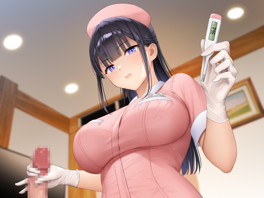 1boy 1girl black_hair blurry blurry_background breasts censored depth_of_field expressionless from_below gloves handjob hat highres holding holding_thermometer indoors large_breasts latex latex_gloves long_hair looking_at_viewer mosaic_censoring non-web_source nurse nurse_cap original pov purple_eyes re:shimashima short_sleeves solo_focus thermometer