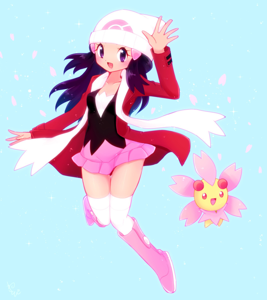 1girl :d black_hair black_shirt blue_background boots cherrim cherrim_(sunshine) coat collarbone dawn_(pokemon) floating_hair full_body hair_ornament hairclip hat highres knee_boots leg_up long_hair miniskirt open_clothes open_coat open_mouth pink_footwear pink_skirt poke_ball_print pokemon pokemon_(game) pokemon_dppt print_headwear purple_eyes red_coat sawarabi_(sawarabi725) shiny shiny_hair shiny_skin shirt skirt smile solo thigh_gap thighhighs white_headwear white_thighhighs zettai_ryouiki