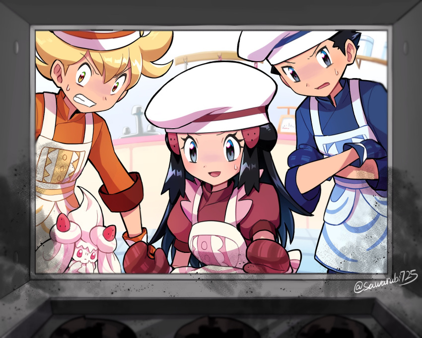 1girl 2boys :d alcremie apron barry_(pokemon) black_eyes black_hair blonde_hair blue_jacket blurry blurry_foreground brown_eyes clenched_teeth commentary_request crossed_arms dawn_(palentine's_2021)_(pokemon) dawn_(pokemon) hat highres jacket long_hair lucas_(pokemon) mittens multiple_boys official_alternate_costume open_mouth orange_jacket pokemon pokemon_(game) pokemon_dppt pokemon_masters_ex red_jacket sawarabi_(sawarabi725) shiny shiny_hair short_sleeves smile sweatdrop teeth twitter_username white_headwear