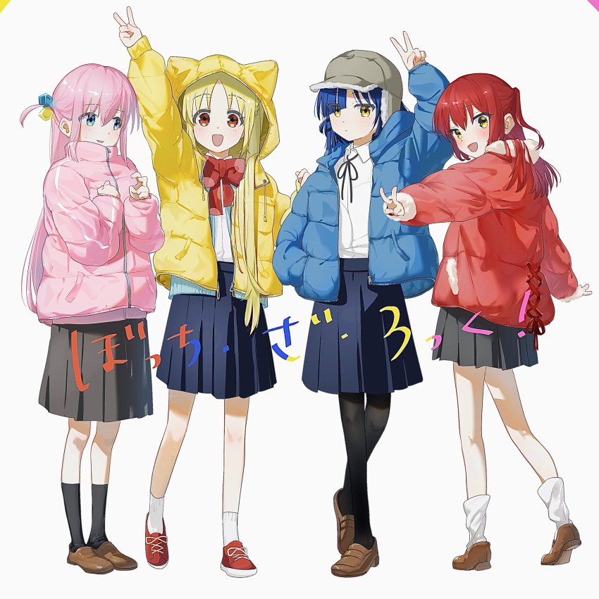 4girls absurdres animal_ears asymmetrical_bangs asymmetrical_sidelocks bangs black_pantyhose black_ribbon blonde_hair blue_eyes blue_hair blue_jacket blunt_bangs bocchi_the_rock! bow bowtie collared_shirt color-coded crossed_bangs cube_hair_ornament fake_animal_ears from_behind full_body gotou_hitori grey_headwear hair_between_eyes hair_bobbles hair_ornament hand_in_pocket hands_on_own_chest high_collar highres hood hood_down hood_up ijichi_nijika jacket kita_ikuyo kneehighs light_blush loafers long_hair long_sleeves looking_at_viewer looking_away looking_back loose_socks medium_hair multiple_girls neck_ribbon ogino_panda one_side_up open_clothes open_jacket orange_eyes pantyhose parka parted_bangs pink_hair pink_jacket pleated_skirt red_bow red_hair red_jacket ribbon shirt shoes short_hair side_ponytail sidelocks skirt smile sneakers socks trapper_hat v white_background white_shirt yamada_ryou yellow_eyes yellow_jacket