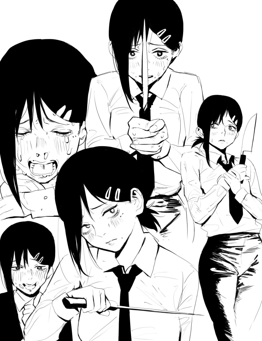 1girl bangs black_hair black_necktie black_pants blush breasts chainsaw_man closed_eyes collared_shirt crying food food_on_face greyscale hair_ornament hairclip head_tilt higashiyama_kobeni highres holding holding_knife holding_weapon ice_cream knife looking_at_viewer looking_to_the_side medium_breasts monochrome necktie open_mouth pants pointing_weapon riki_(riki_unc) shirt short_hair short_ponytail simple_background single_sidelock snot sweat weapon white_background white_shirt