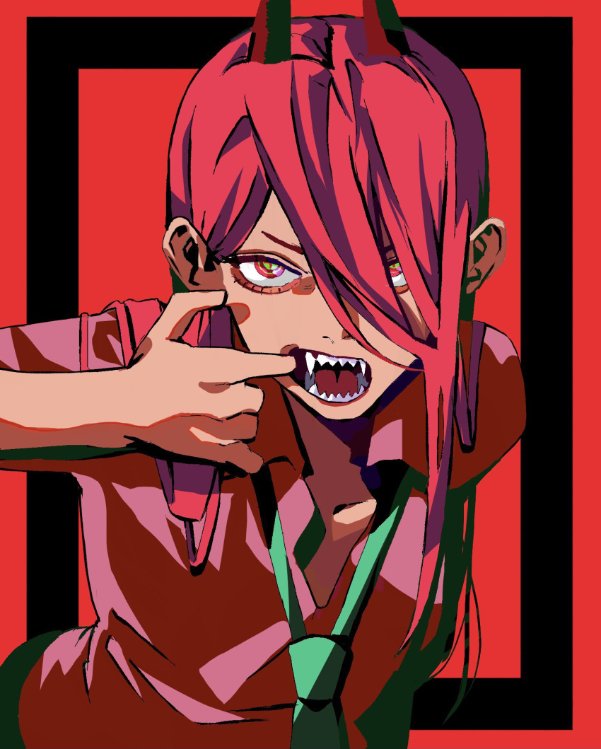 1girl bangs chainsaw_man collared_shirt cross-shaped_pupils finger_in_own_mouth green_necktie hair_between_eyes highres long_hair looking_at_viewer necktie open_mouth pink_shirt power_(chainsaw_man) red_background red_eyes red_hair red_theme riki_(riki_unc) sharp_teeth shirt solo symbol-shaped_pupils teeth