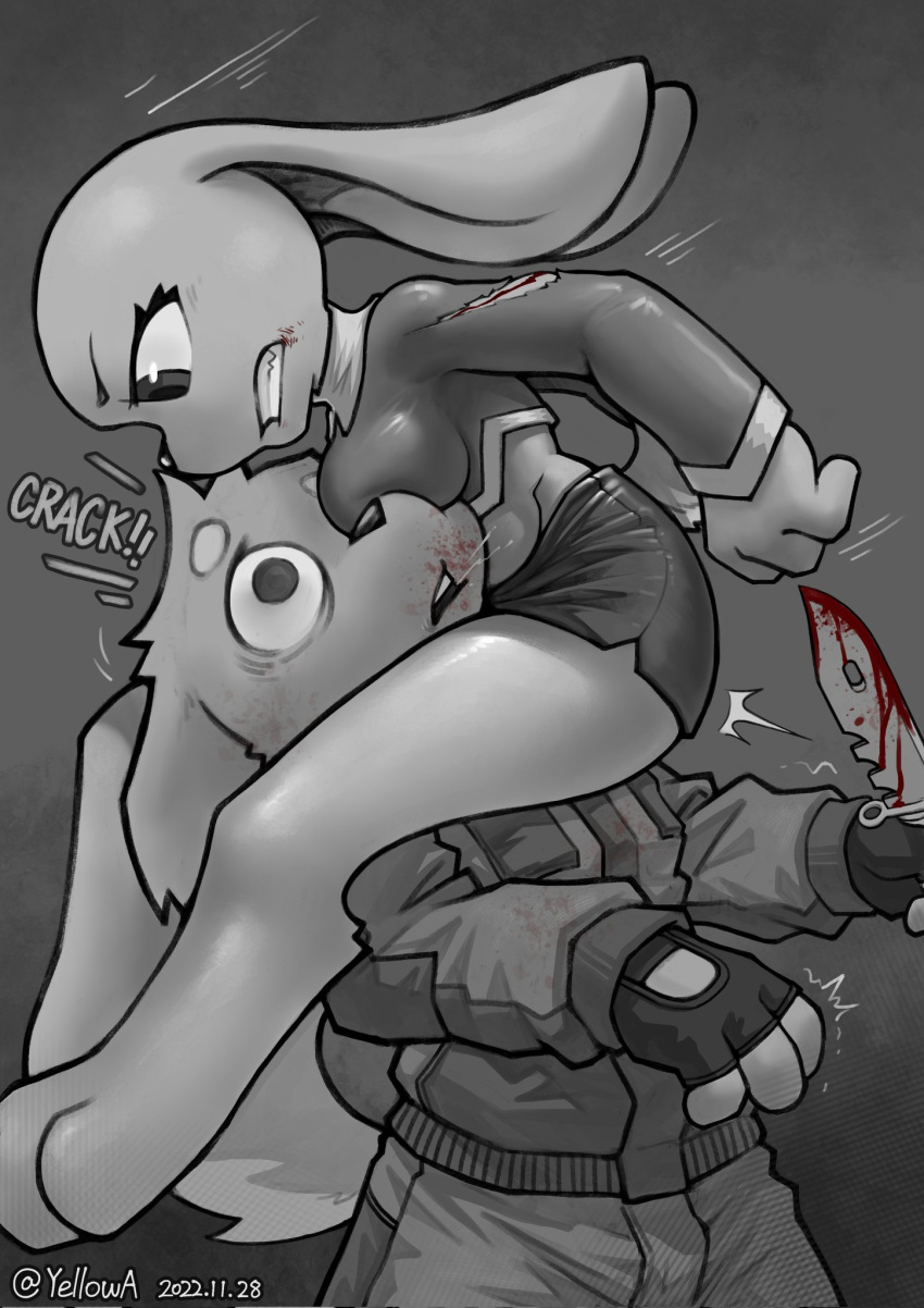 3_toes 4_fingers anthro arm_wound athletic athletic_anthro athletic_female bags_under_eyes barefoot between_legs blood blood_from_mouth blood_in_mouth blood_on_weapon bodily_fluids boobs_on_face bottomwear breast_squish breasts broken_neck canid canine canis clenched_teeth clothed clothing combat_knife death detailed domestic_dog duo fatal fatal_wound feet female female_dominating_male fingers fluffy fluffy_tail glare hi_res him_army killing lagomorph leporid male mammal medium_breasts midriff miniskirt minor_wound monochrome natural_breasts pain rabbit saliva scut_tail sharp_teeth shocked short_tail skimpy skirt spot_color squish submissive submissive_male teeth thick_thighs toes torn_clothing violence weapon wide_eyed wounded