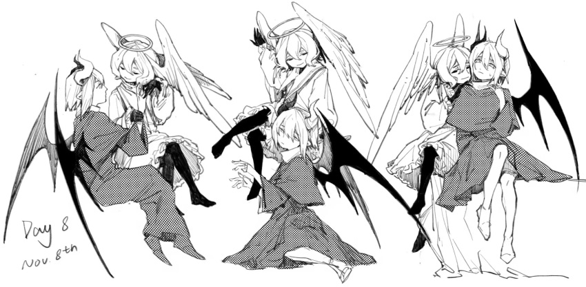 2girls bat_wings capelet chinese_commentary closed_mouth commentary_request dated dress english_text frilled_dress frills gloves greyscale halo head_wings highres horns long_sleeves malvo monochrome multiple_girls multiple_views original pantyhose screentones short_hair smile sweat wings