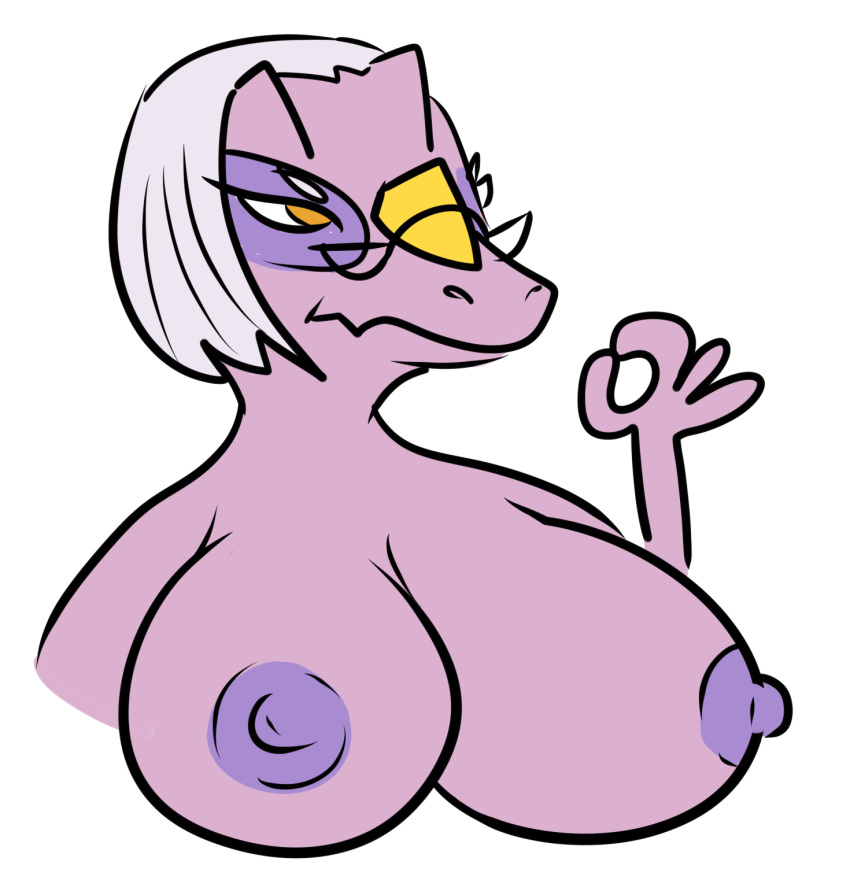 alpha_channel anthro breasts dinosaur eyewear female gesture glasses goodbye_volcano_high grey_hair hair hi_res mature_female mrs._roberts_(gvh) nipples nrool nude ok_sign purple_body reptile scalie simple_background snoot_game_(fan_game) solo transparent_background