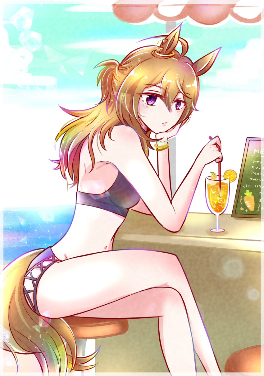 1girl ahoge animal_ears bangs bare_shoulders bikini bikini_shorts black_bikini blush bracelet breasts brown_hair closed_mouth counter crossed_legs cup drinking_glass feet_out_of_frame head_tilt highres horse_ears horse_girl horse_tail jewelry long_hair looking_at_viewer nakayama_festa_(entrust_myself_to_the_dice)_(umamusume) nakayama_festa_(umamusume) navel outdoors purple_eyes shorts sitting small_breasts solo stool swimsuit tail umamusume yon_no_uma