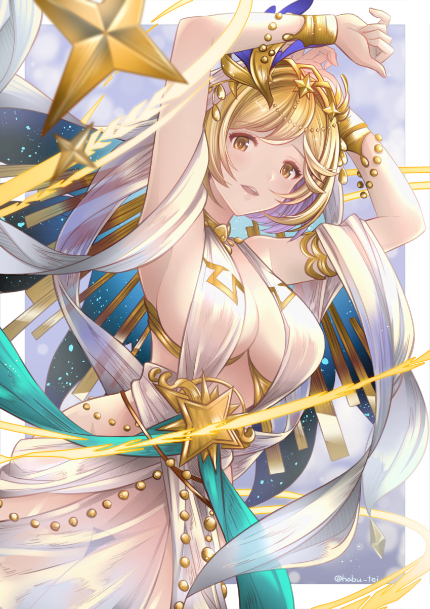 1girl arms_up bangs blonde_hair breasts brown_eyes circlet cleavage djeeta_(granblue_fantasy) dress dutch_angle gold_trim granblue_fantasy habutei hair_ornament highres iatromantis_(granblue_fantasy) large_breasts looking_at_viewer open_mouth shawl simple_background sleeveless sleeveless_dress smile solo star_(symbol) star_hair_ornament teeth twitter_username upper_teeth veil white_dress white_headdress white_shawl