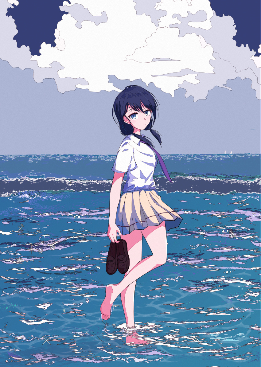 1girl 5_rebbeccas absurdres alternate_eye_color bangs barefoot black_hair blue_eyes brown_footwear cloud cloudy_sky collared_shirt commentary_request day full_body highres holding holding_shoes leg_up loafers long_hair looking_at_viewer low_twintails miniskirt necktie ocean outdoors parted_lips pleated_skirt purple_necktie school_uniform shirt shirt_tucked_in shoes short_sleeves skirt sky solo standing standing_on_one_leg tamura_yuri toes twintails wading watashi_ga_motenai_no_wa_dou_kangaetemo_omaera_ga_warui! water water_drop white_shirt wind yellow_skirt