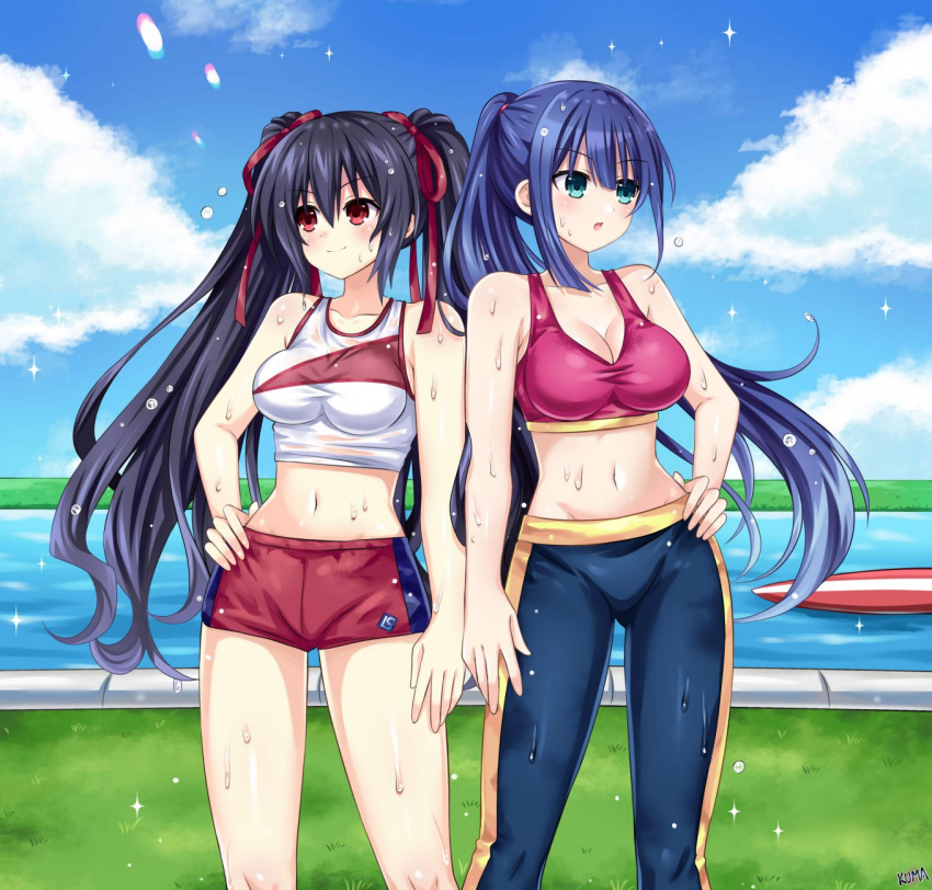 2girls bangs bare_shoulders black_hair blush bow breasts cleavage engage_kiss hair_between_eyes hair_bow hand_on_hip highres lewdkuma long_hair looking_at_viewer medium_breasts multiple_girls navel neptune_(series) noire_(neptune_series) open_mouth outdoors red_eyes sidelocks sportswear sweat twintails yuugiri_ayano