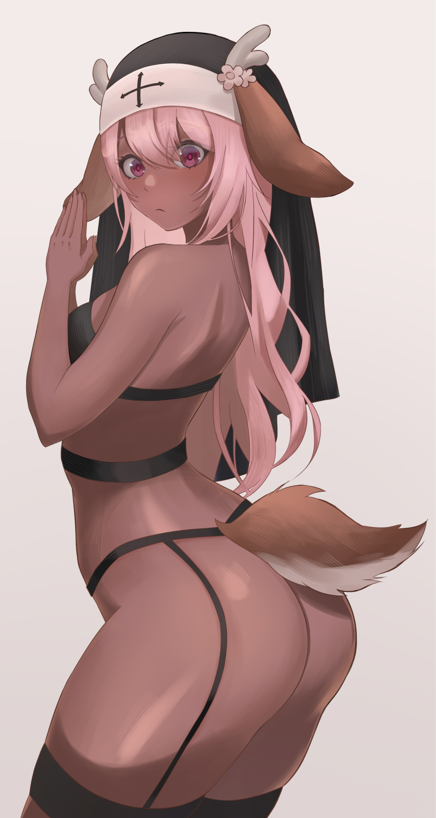 1girl absurdres animal_ears bangs black_bra black_headwear black_thighhighs bra breasts brown_tail closed_mouth commentary commission cowboy_shot cross dark-skinned_female dark_skin deer_ears deer_girl deer_tail english_commentary flower from_side garter_straps grey_horns habit hair_between_eyes hands_up highres horn_ornament horns long_hair looking_at_viewer medium_breasts meowrim0 nun original own_hands_together palms_together pink_eyes pink_flower pink_hair puffy_sleeves simple_background solo swept_bangs tail thighhighs underwear veil white_background