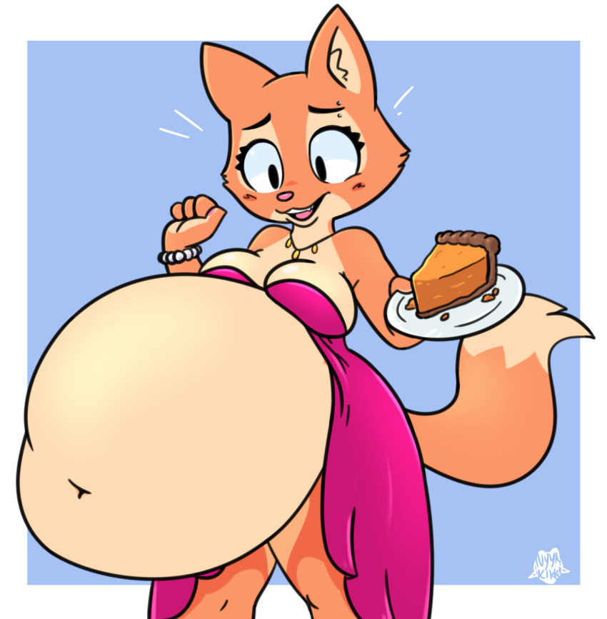 anthro belly big_belly blush blush_lines breasts canid canine cheek_tuft clothing deep_navel dessert diane_foxington dreamworks dress eyebrow_piercing facial_piercing facial_tuft female foamytail food fox fur glistening glistening_breasts hi_res hyper hyper_belly inflation jewelry looking_at_belly mammal mostly_nude navel necklace orange_body orange_fur overweight overweight_female pie piercing pink_clothing plate pumpkin_pie solo the_bad_guys thick_thighs tuft wide_hips wristband