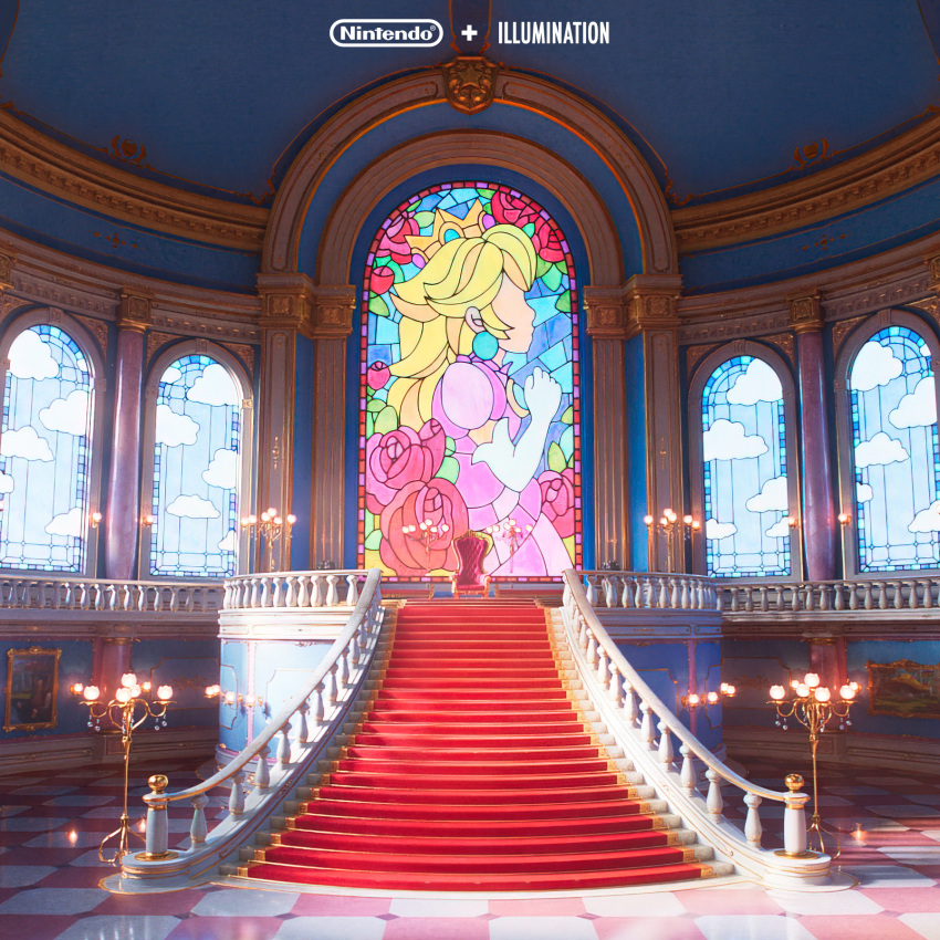 arch architecture blonde_hair brooch checkered_floor cloud crown dress elbow_gloves flower gloves highres indoors interior jewelry key_visual lamppost mario_(series) nintendo no_humans official_art painting_(object) picture_frame pink_dress princess_peach princess_peach's_castle promotional_art railing red_carpet red_flower red_rose rose scenery stained_glass stairs the_super_mario_bros._movie throne white_gloves window