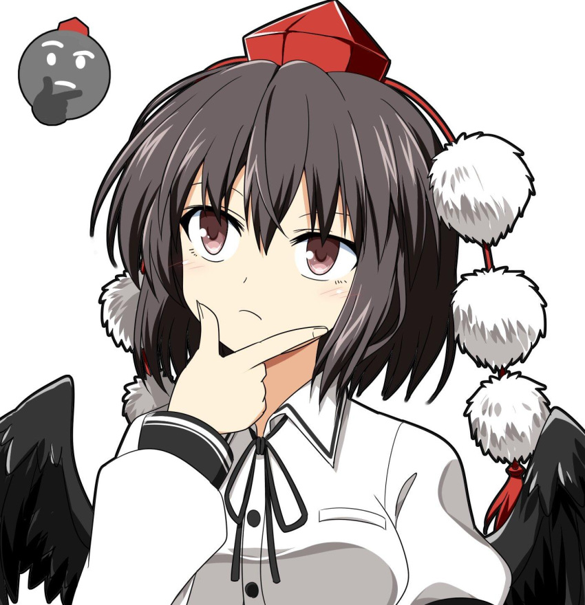 1girl bangs black_hair black_ribbon black_wings breasts brown_eyes buttons collared_shirt commentary_request emoji feathered_wings hand_on_own_chin hat highres long_sleeves medium_breasts neck_ribbon pom_pom_(clothes) raised_eyebrow red_headwear red_ribbon ribbon rise_(rise19851203) shameimaru_aya shirt short_hair solo stroking_own_chin thinking thinking_emoji tokin_hat touhou white_shirt wings