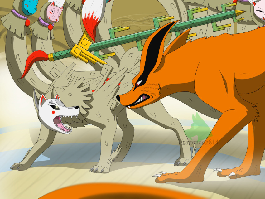 ambiguous_gender canid canine capcom crossover deity dragonlover814 duo feral fox intersex intersex/male kurama male mammal melee_weapon naruto ninetails_(okami) sword video_games weapon ōkami