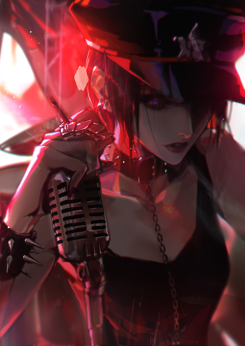 1girl 52976 bare_shoulders black_choker black_hair bracelet chain choker closed_eyes earrings hat highres jewelry microphone nana_(series) osaki_nana red_lips ring short_hair sleeveless spiked_bracelet spikes