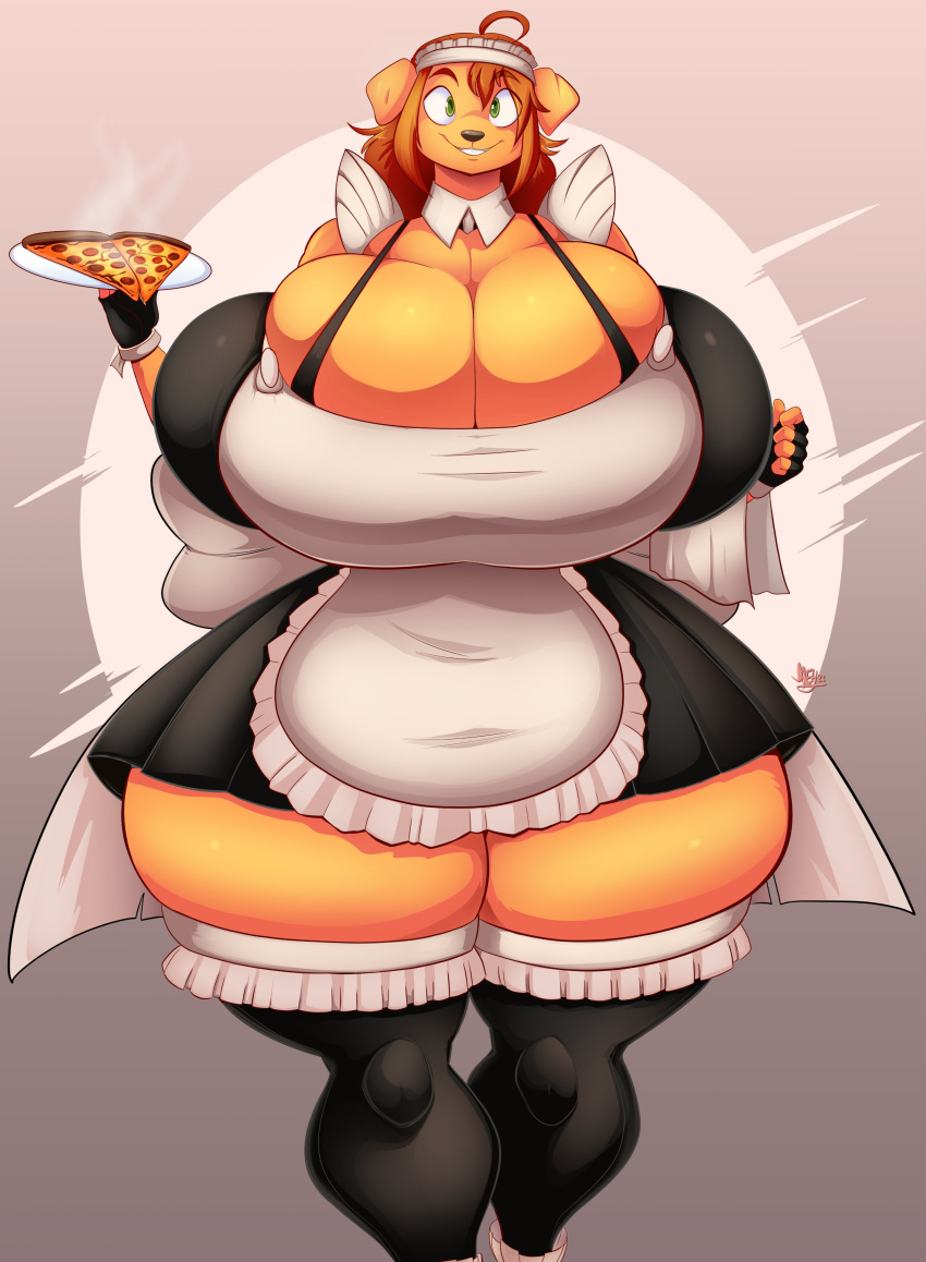 absurd_res anthro big_breasts bra_strap breasts canid canine canis cleavage clothed clothing domestic_dog female fingerless_gloves food frilly_stockings ginger_(jaeh) gloves handwear hi_res huge_breasts hyper hyper_breasts jaeh legwear maid_uniform mammal pizza plate solo stockings thick_thighs uniform