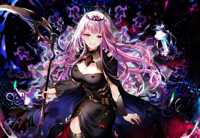 1girl black_cape black_dress black_sleeves black_thighhighs breasts cape cleavage cleavage_cutout clothing_cutout commentary detached_sleeves dress english_commentary highres holding holding_scythe holding_weapon hololive hololive_english large_breasts long_hair looking_at_viewer mori_calliope pink_hair red_eyes scythe see-through see-through_sleeves single_sleeve single_thighhigh smile sowon thighhighs veil virtual_youtuber weapon