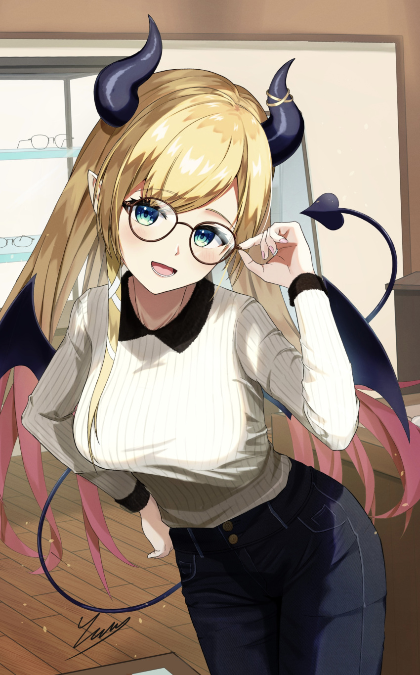 1girl absurdres blonde_hair casual demon_horns demon_tail demon_wings glasses green_eyes highres hololive horns long_hair long_sleeves looking_at_viewer nagae_yama skirt solo tail virtual_youtuber wings yuzuki_choco