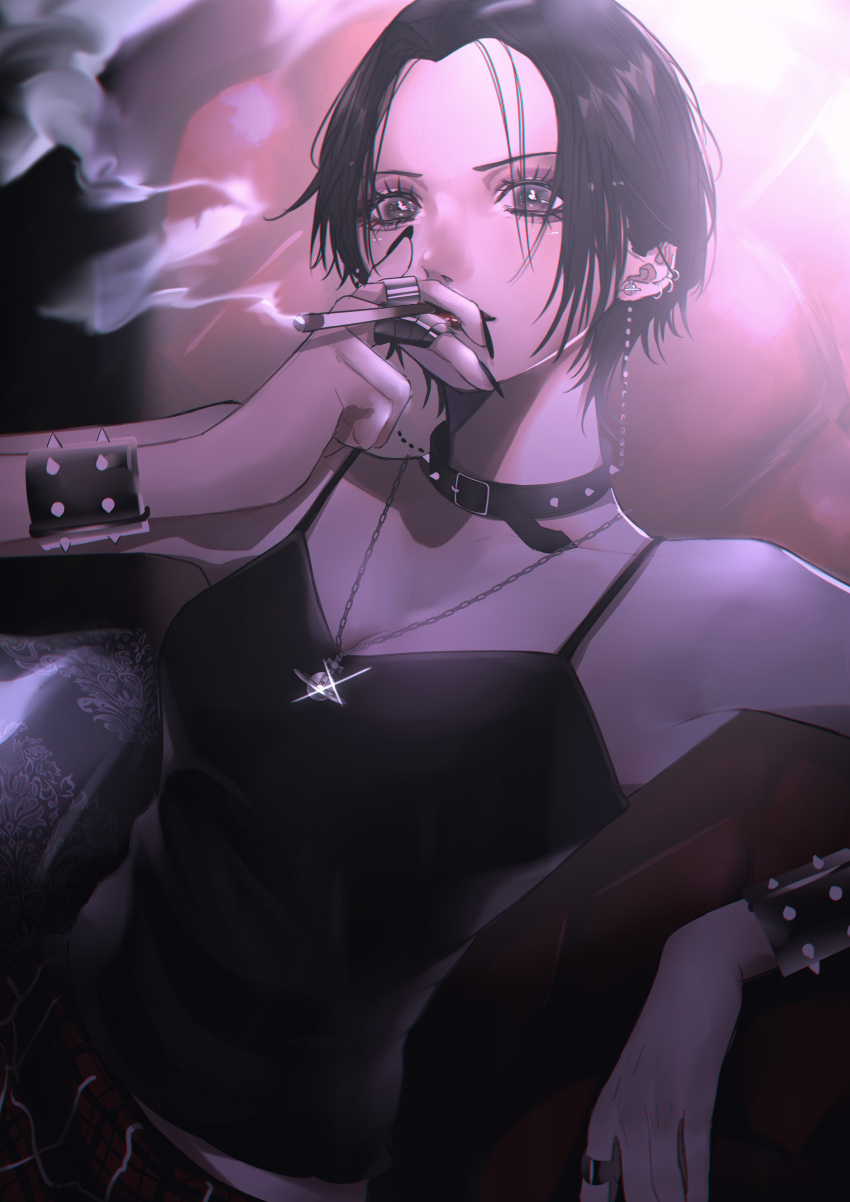 1girl absurdres bare_shoulders belt black_choker black_hair bracelet choker earrings highres jewelry leaning mano_aaa nana_(series) necklace osaki_nana ring short_hair smoke smoking solo spiked_bracelet spikes