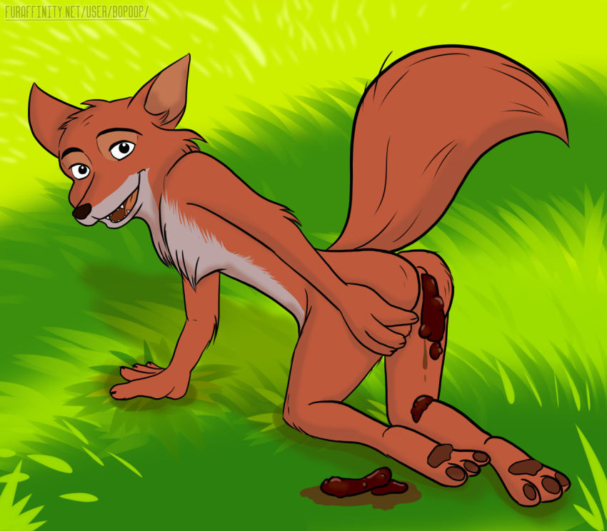 3_toes 4_fingers anthro anus bopoop butt canid canine chest_tuft disney feces feet fingers fluffy fluffy_tail fox fur grass head_tuft kneeling male mammal nude open_mouth open_smile orange_body orange_fur pawpads plant pooping raised_tail robin_hood robin_hood_(disney) scat sharp_teeth smile solo teeth toes tuft