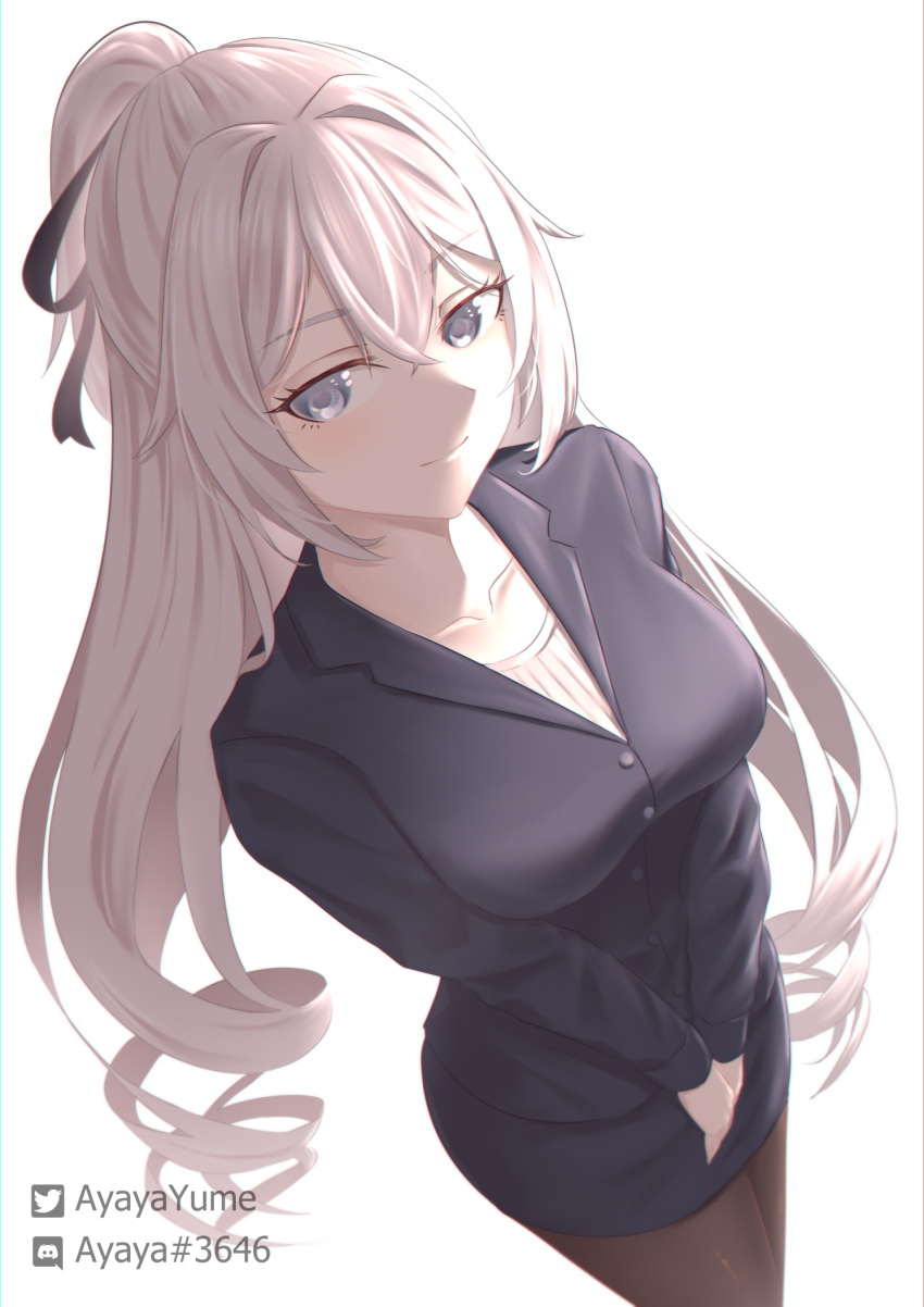 1girl bangs black_pantyhose black_ribbon bronya_zaychik closed_mouth collarbone cowboy_shot discord_logo floating_hair formal grey_eyes grey_jacket grey_skirt hair_between_eyes hair_ribbon highres honkai_(series) honkai_impact_3rd jacket long_hair long_sleeves miniskirt pantyhose pencil_skirt ponytail ribbon shirt simple_background sinyamato96 skirt skirt_suit smile solo standing suit twintails twitter_logo twitter_username very_long_hair white_background white_hair white_shirt