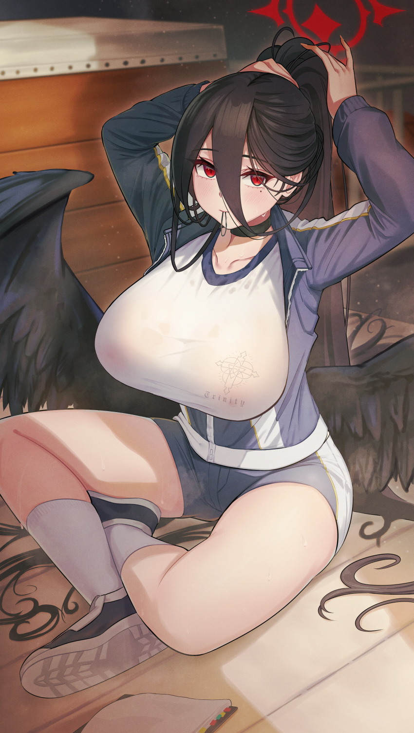1girl absurdres adjusting_hair arms_behind_head bangs bird_wings black_choker black_feathers black_hair blue_archive blush breasts choker closed_mouth feathered_wings feathers gym_storeroom gym_uniform hair_tie_in_mouth halo hasumi_(blue_archive) hasumi_(gym_uniform)_(blue_archive) highres huge_breasts long_sleeves looking_at_viewer mole mole_under_eye mouth_hold official_alternate_costume partially_unzipped ponytail rank_alee red_eyes red_halo shirt short_shorts shorts sitting socks solo sweatdrop tying_hair white_shirt wings wooden_floor