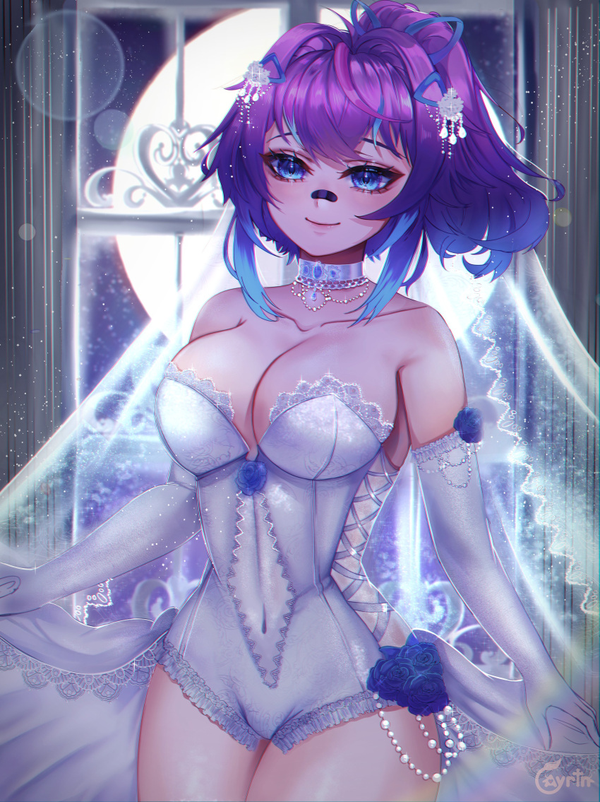 1girl absurdres artist_name ayrinsama bandaid bandaid_on_face bandaid_on_nose blue_eyes blue_hair breasts choker cleavage commentary covered_navel dress elbow_gloves english_commentary gloves hair_ornament highres large_breasts long_hair looking_at_viewer melody_(projektmelody) multicolored_hair navel ponytail projektmelody purple_hair see-through smile streaked_hair triangle_hair_ornament veil virtual_youtuber vshojo wedding_dress white_choker white_dress white_gloves white_veil