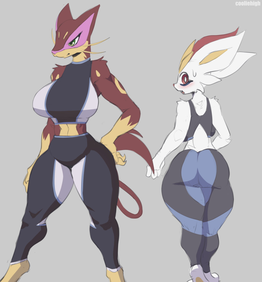 2022 absurd_res anthro big_breasts big_butt blush bodily_fluids bottomwear bra breasts butt cinderace clothing cooliehigh duo felid female fur generation_5_pokemon generation_8_pokemon hand_on_hip hi_res lagomorph liepard long_ears looking_at_viewer looking_back mammal midriff nintendo pants pokemon pokemon_(species) rear_view red_body red_fur short_tail simple_background sports_bra standing sweat sweatdrop tight_clothing underwear video_games white_body white_fur wide_hips yoga_pants