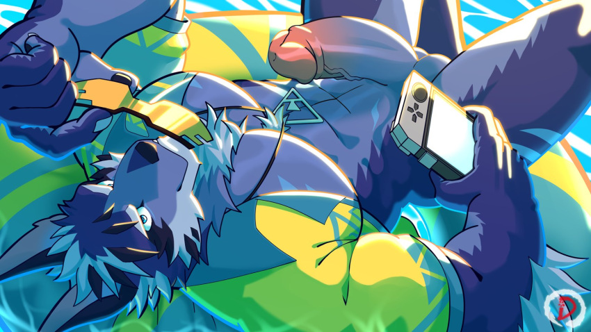 16:9 abs anthro balls blue_body blue_eyes blue_fur canid canine canis dingding_(artist) erection eyewear fur genitals hi_res lifewonders male mammal muscular muscular_anthro muscular_male pecs penis solo sunglasses swim_ring tindalos_(tas) tokyo_afterschool_summoners video_games water widescreen wolf