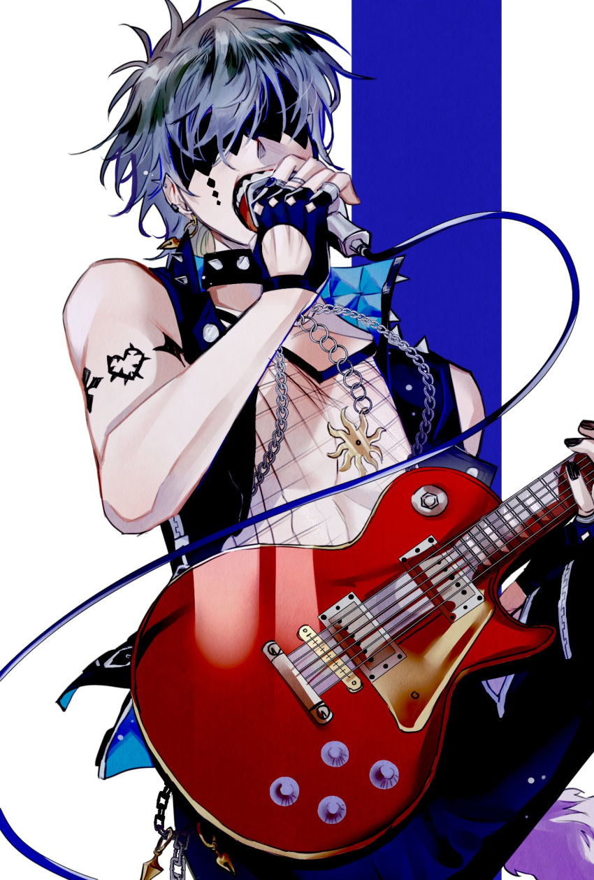 1boy abulaba arm_tattoo black_blindfold black_lips black_vest blindfold blue_background blue_eyeshadow blue_hair brown_hair chinese_commentary collar commentary_request covered_eyes earrings electric_guitar eyeshadow fingerless_gloves gloves guitar highres holding holding_instrument holding_microphone ike_eveland instrument jewelry looking_at_viewer makeup male_focus microphone multicolored_hair music nijisanji nijisanji_en open_mouth original playing_instrument popped_collar simple_background solo spiked_collar spikes tail tattoo teeth vest virtual_youtuber white_background
