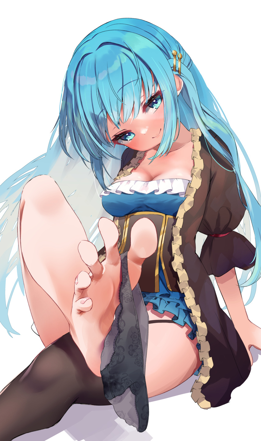 1girl absurdres aqua_eyes aqua_hair barefoot between_toes black_panties blush breasts brown_jacket cleavage corset dress feet foot_out_of_frame frills garter_straps green_dress hair_ornament hairclip highres holding holding_clothes holding_panties holding_underwear jacket legs long_hair looking_at_viewer medium_breasts nail_polish no_panties nyahu_(nyahu_77) original panties panties_removed simple_background single_thighhigh sitting smile solo spread_toes thighhighs thighs toenail_polish toenails toes underwear white_background