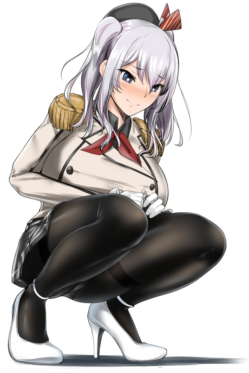 1girl absurdres beret black_pantyhose blue_eyes blue_headwear closed_mouth embarrassed epaulettes gloves grey_hair grey_shirt grey_skirt hat high_heels highres jacket kantai_collection kashima_(kancolle) looking_down miniskirt neck_ribbon neckerchief panties pantyhose pantyshot rakia_(ds00309) red_ribbon ribbon shirt skirt solo spread_legs squatting twintails underwear white_footwear white_gloves