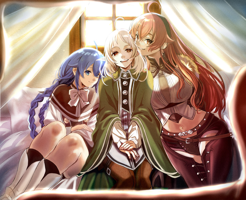 3girls :d absurdres aged_up ahoge bangs bedroom black_hairband black_jacket black_socks blue_eyes blue_hair boots bow bowtie braid breasts brown_capelet brown_shorts brown_thighhighs capelet cloak commentary_request cowboy_shot crop_top crossed_bangs elf eris_greyrat fur-trimmed_jacket fur_trim green_cloak hair_between_eyes hairband highres indoors jacket knee_boots kneehighs kou_(spad7u59) large_breasts long_braid long_hair long_sleeves looking_at_viewer medium_hair midriff multiple_girls mushoku_tensei navel on_bed open_mouth parted_bangs parted_lips pillow pointy_ears red_eyes red_hair roxy_migurdia shirt short_shorts shorts sidelocks sitting sleeveless sleeveless_shirt small_breasts smile socks sylphiette_(mushoku_tensei) teeth thighhighs twin_braids upper_teeth very_long_hair white_bow white_bowtie white_footwear white_hair white_shirt window