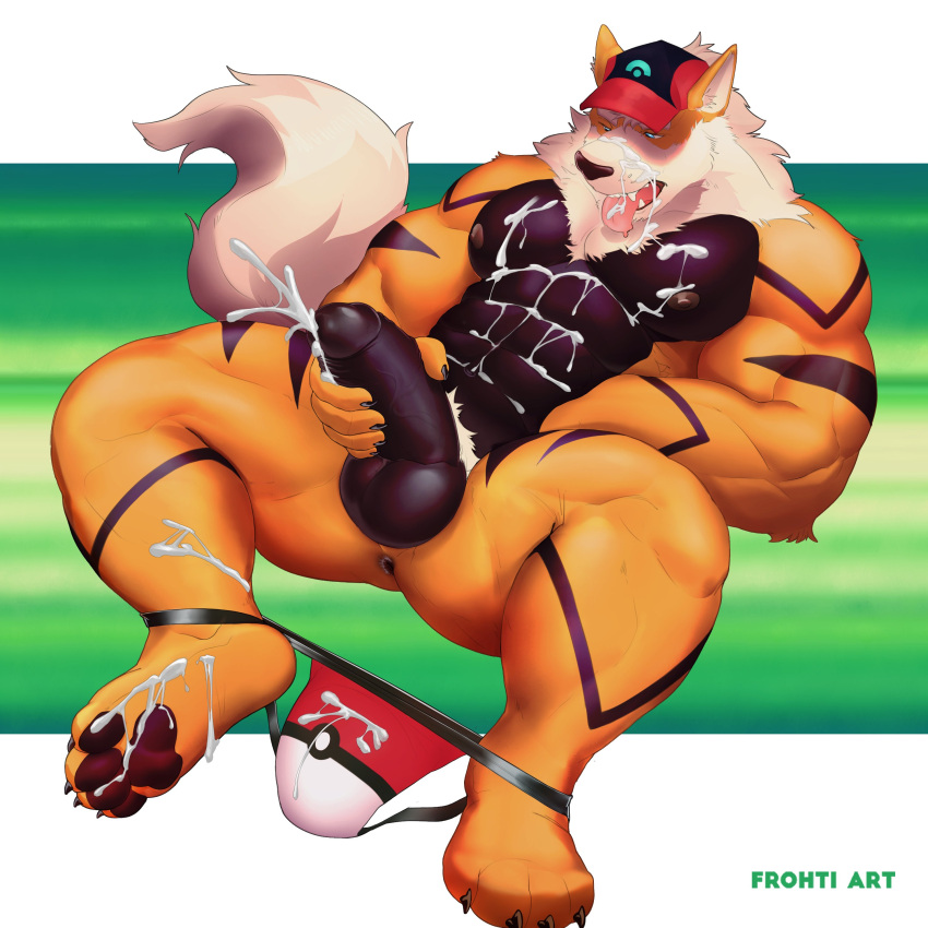 1:1 abs absurd_res anthro anus arcanine balls baseball_cap big_muscles big_penis black_penis bodily_fluids canid canine claws clothing cum cum_everywhere cum_in_mouth cum_in_own_mouth cum_in_self cum_inside cum_on_chest cum_on_face cum_on_feet cum_on_own_chest cum_on_own_face cum_on_own_stomach cum_on_self ejculation erection frohti fur generation_1_pokemon genital_fluids genitals hat headgear headwear hi_res humanoid_genitalia humanoid_penis jockstrap_down lying male mammal masturbation messy muscular muscular_anthro muscular_arms muscular_male muscular_thighs neck_tuft nintendo nude on_back orange_body orange_fur pawpads pecs penile penile_masturbation penis pok&eacute;ball_clothing pokeball pokemon pokemon_(species) solo thick_thighs tongue tongue_out tuft video_games