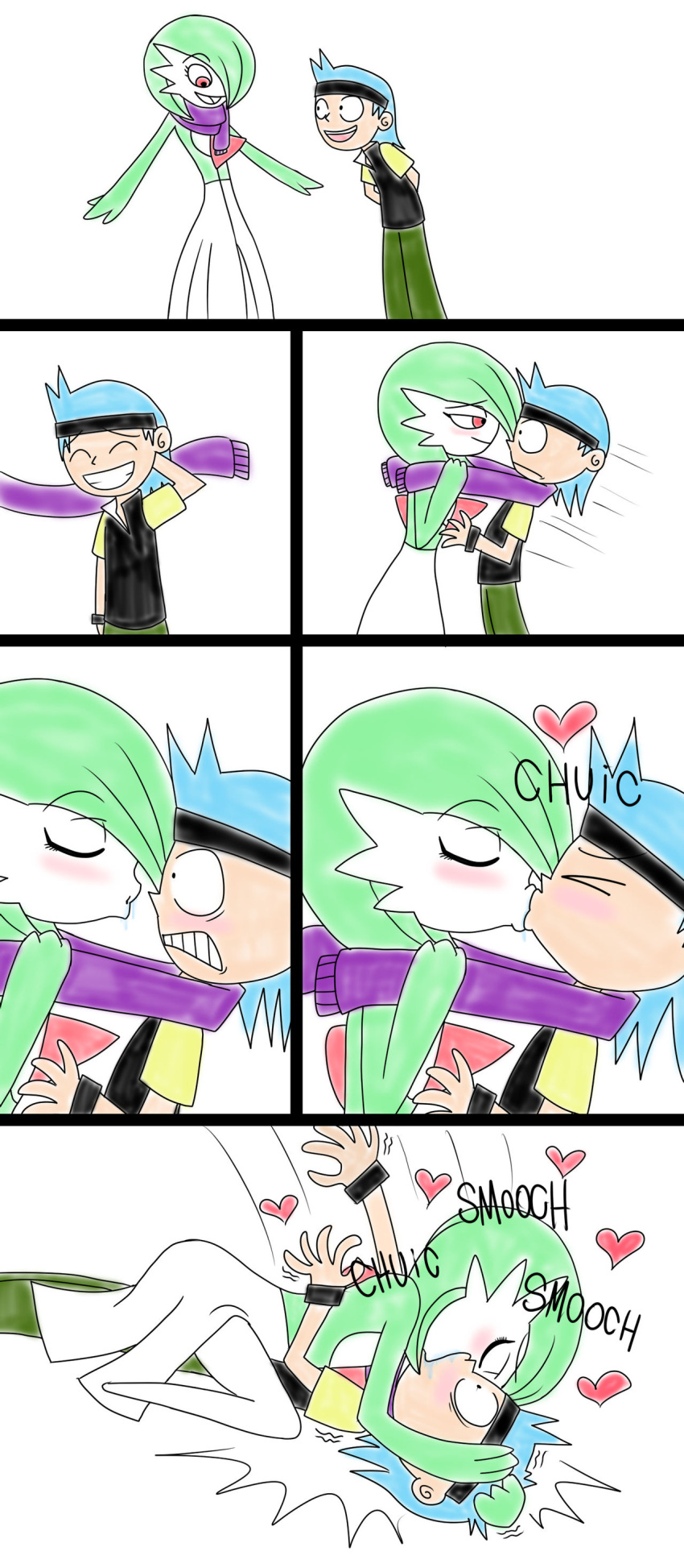 &lt;3 absurd_res accessory bedroom_eyes blue_hair bodily_fluids bottomwear clothing comic digital_media_(artwork) duo female forced forced_kiss gagaxkon gardevoir generation_3_pokemon gift green_hair hair happy headband hi_res holding_head human humanoid interspecies kiss_on_lips kissing male male/female mammal motion_lines narrowed_eyes nintendo pants pokemon pokemon_(species) pokemon_trainer pokephilia purple_scarf red_eyes saliva scarf seductive shirt simple_background sloppy_kiss smile squish surprise sweat sweatdrop topwear video_games white_background