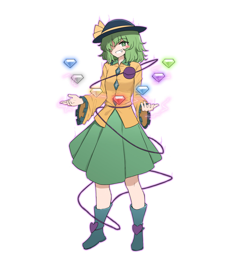 1girl aura black_headwear blue_footwear blue_gemstone boots chaos_emerald collared_shirt commentary dress_shirt english_commentary frilled_sleeves frills full_body gem green_eyes green_gemstone green_hair green_skirt grey_gemstone grin hat heart highres komeiji_koishi long_sleeves looking_at_viewer mata_(matasoup) pleated_skirt purple_gemstone red_gemstone shirt simple_background skirt smile solo sonic_(series) standing third_eye touhou white_background wide_sleeves yellow_gemstone yellow_shirt