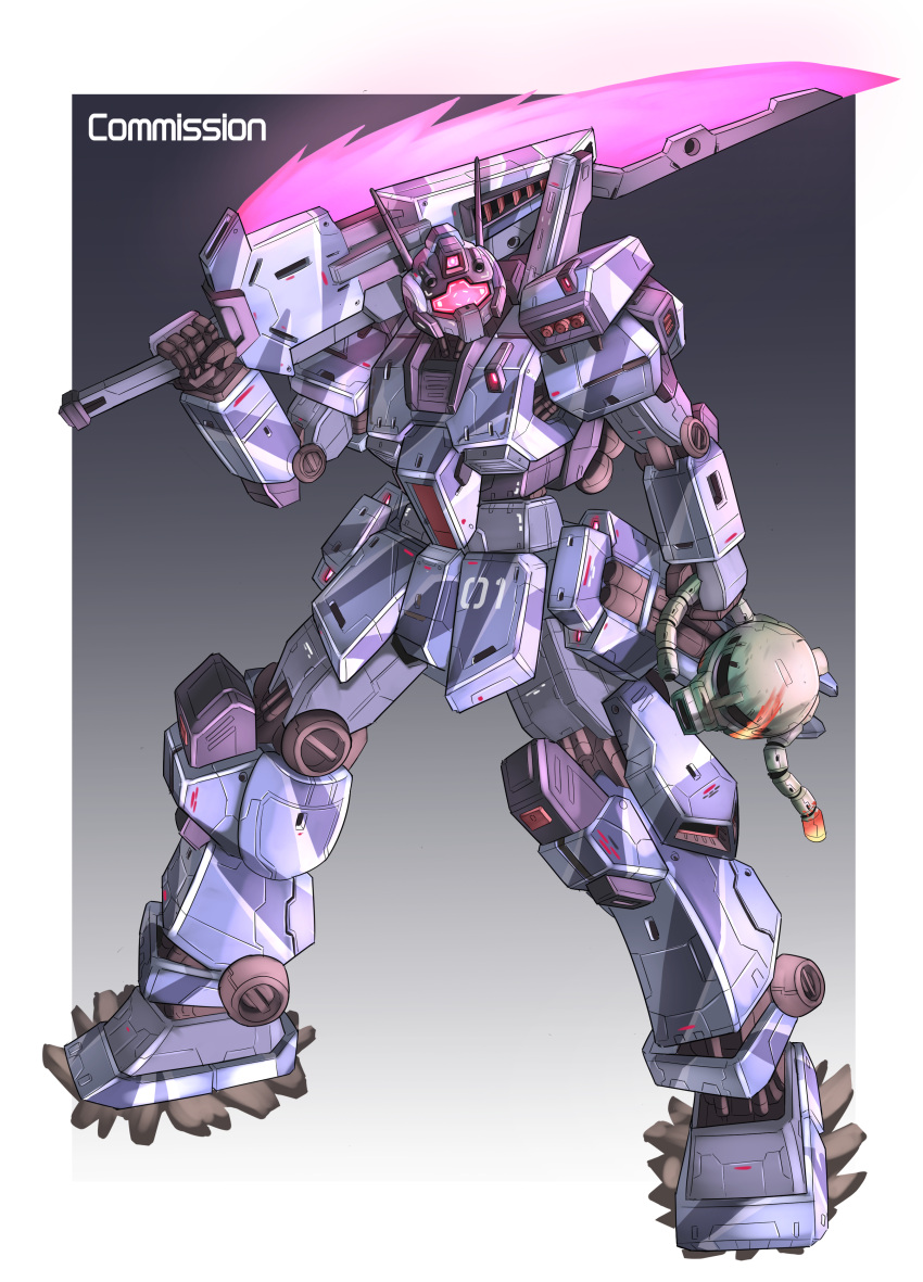 absurdres assault_visor commission english_commentary full_body gm_iii gundam gundam_aggressor gundam_zz highres holding holding_head holding_sword holding_weapon jellen_squish mecha mobile_suit over_shoulder redesign robot science_fiction severed_head solo sword weapon weapon_over_shoulder zaku_ii