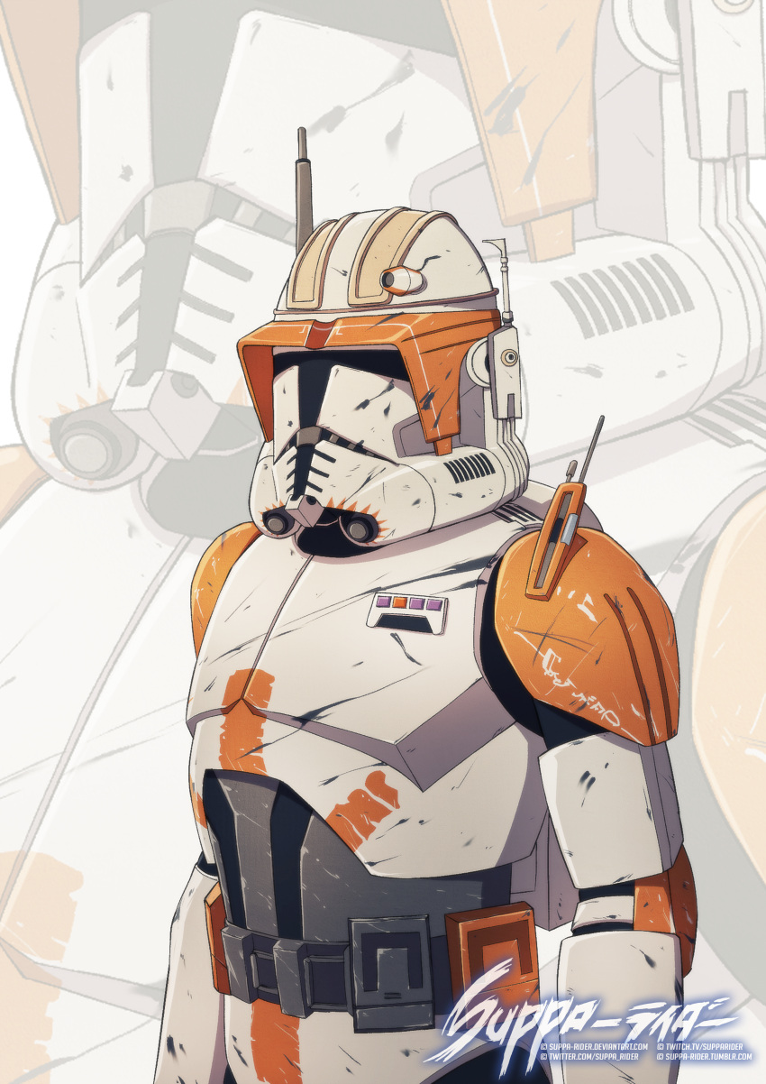 1boy absurdres animification artist_name assault_visor belt clone_trooper commander_cody commentary commission english_commentary grey_belt highres radio_antenna solo star_wars star_wars:_revenge_of_the_sith suppa-rider upper_body watermark web_address white_armor zoom_layer