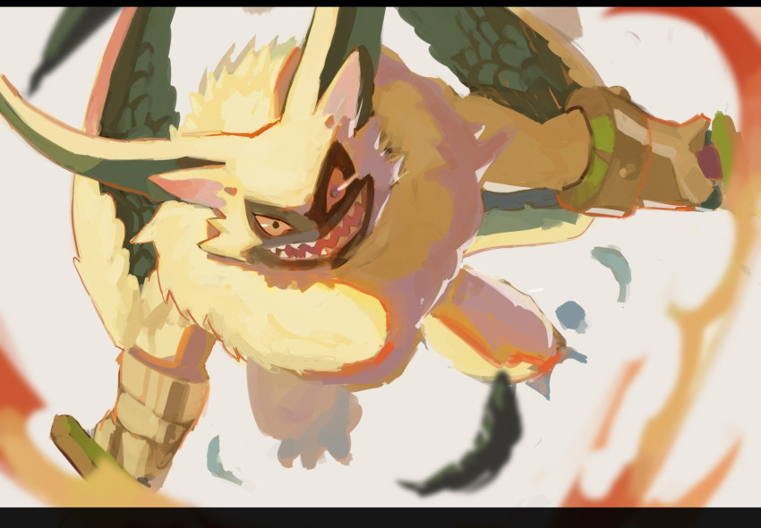 angry anthro apple05012 bandai_namco claws digimon digimon_ghost_game flying fur hi_res lamortmon long_ears male monster orange_eyes sharp_claws sharp_teeth solo teeth winged_arms wings yellow_body yellow_fur