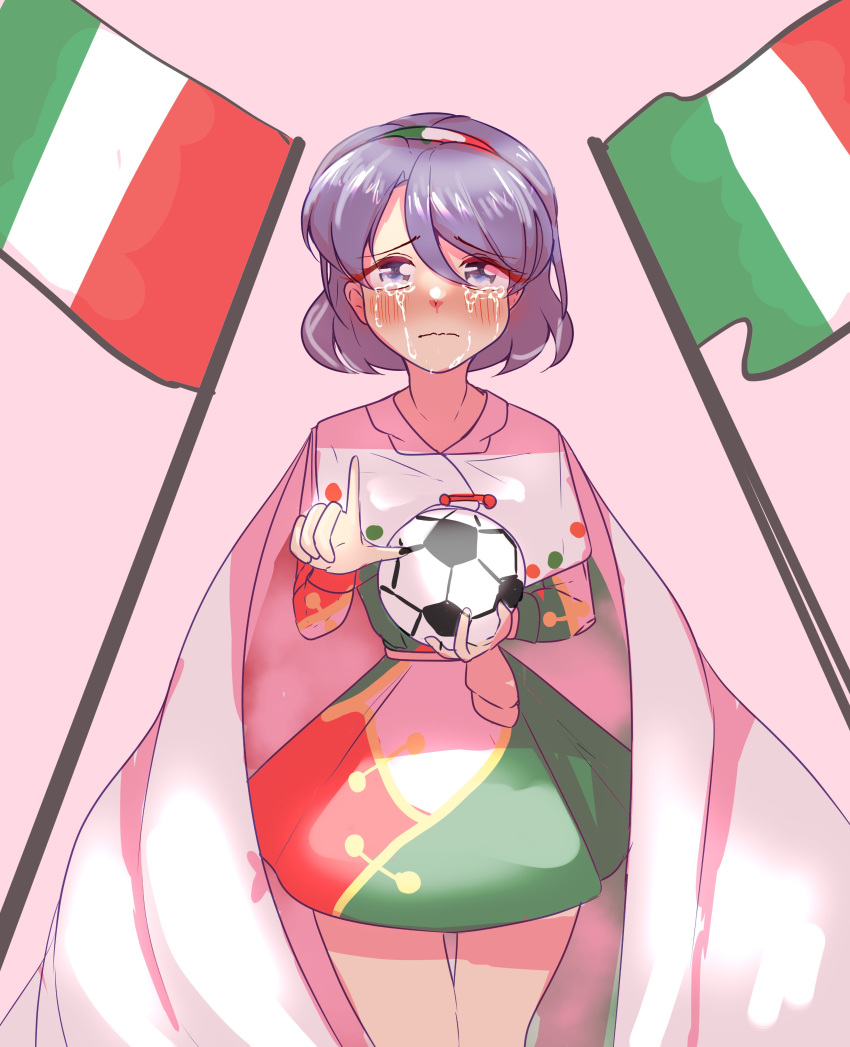 1girl absurdres adapted_costume ball blue_eyes blue_hair closed_mouth crying crying_with_eyes_open dress highres holding holding_ball italian_flag kalejdodatabase sketch soccer_ball solo tears tenkyuu_chimata touhou